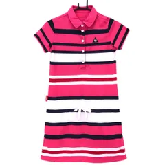 【超美品】ルコック 半袖ポロワンピース ピンク×ネイビー ランダムボーダー ロゴ刺しゅう レディース M ゴルフウェア le coq sportif