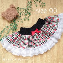 いちご柄 チェック ハンドメイド スカート♡size90 黒 - 苺bear＊桃