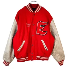 70s80sUSA製ホロウェイHollowayレザー切り替えスタジャンバーシティジャケットブルゾン裏地キルティングライナー相良ワッペン刺繍パッチカレッジ系レッド赤グレー灰色vintageヴィンテージ40812