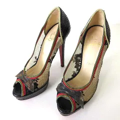 クリスチャンルブタン Christian louboutin パンプス ハイヒール ピンヒール メッシュ パイソン レザー オープントゥ 35.5 黒 ブラック 赤 22.5cm くつ 靴 シューズ