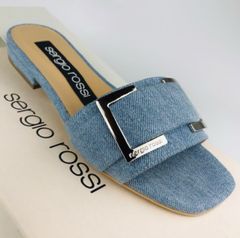 新品未使用★sergio rossi・セルジオロッシ SR PRINCE レディース デニム地レザー アイコンロゴ刻印メタルバックル付き ミュール サンダル（35）