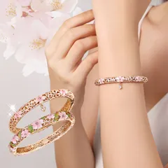 ABR00　ブレスレット バングル クリスタルガラス付き 桜モチーフ 桜チャーム付き オリジナルデザイン 職人手作り mer12