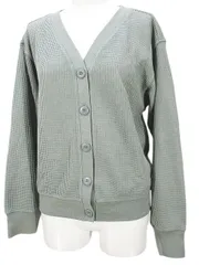 ユニクロ UNIQLO 長袖 ワッフル カーディガン M 緑系 グリーン Vネック ボタン リブ