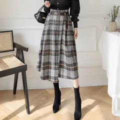 ☆ グレー ☆ Lサイズ ☆ スカート レトロ おしゃれ skirt810e ミモレスカート 柄 スカート Aラインスカート Aライン ハイウエスト ミモレ ミモレ丈 レトロ エレガント ベルト チェック チェック柄 レディース ボトムス かわいい おしゃれ
