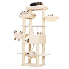 Heybly キャットタワー 大きな猫や多頭飼い 超スリム 据え置き型 省スペース 登りやすい ハンモック2つ 大きな見晴らし台 天然麻紐 爪研ぎ棒 高さ173cm ベージュ HCT025M 1