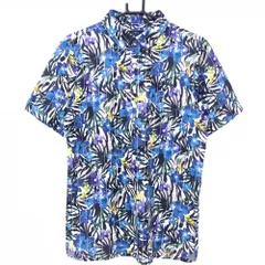 【超美品】キャロウェイ 半袖ポロシャツ 白×ブルー 花柄 ストライプ ボタンダウン  メンズ L ゴルフウェア Callaway