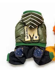 B級品/Mロゴロンパース・・・グリーン【犬服リード専門店rumor　ルモール】ロンパース　つなぎ　ズボン　雄　オス　お揃い　カジュアル　シンプル　裏起毛　かわいい　人気　冬服　夏服　上品　犬服　犬の服