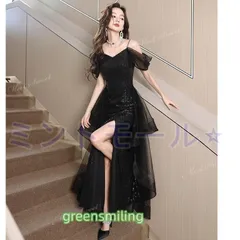 【新品?未使用】 カラードレス ブラック スリット キラキラ ウェディングドレス キャミソールドレス チュール パーティードレス 演奏会 発