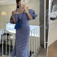 ギンガムチェックオフショルマーメイドワンピース♡