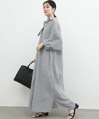 春夏用シャツ　ワンピース韓国風ワイドロングドレス 長袖ストライプのリネンシャツドレス レディース膝丈超ロングカジュアルワンピース　3色展開2サイズ選択可能