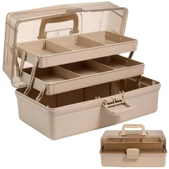 新品 大容量3段式ツールボックス 多機能収納ボックス 半透明 クス 180度オープン 収納箱 ソーイングボッ取っ手付き 工具ケース 家用 車用 小物入れ 折りたたみ式 工具箱 裁縫箱 道具箱 （ブラウン）