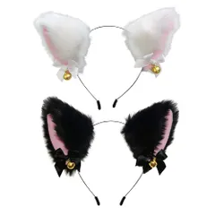 YFFSFDC 猫耳 カチューシャ 2色セット 鈴付き リボン付き かわいい ねこ耳 ねこみみ 黒猫 白猫 ふわふわ コスプレ 仮装 小物 ヘアアクセサリー ヘッドバンド イベント 学園祭 ハロウィン