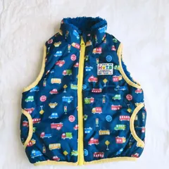 【 HOT BISCUITS 】リバーシブル ミキハウス　ホットビスケッツ　ベスト　フリース　車 柄　ネイビー ボア くるま 子供服 80