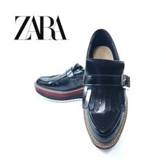 【美品】 ZARA Woman キルトローファー 厚底 37 ブラック ザラ レディース ベルト フェイクレザー hws00976