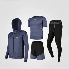 コンプレッションウェア トレーニングウェア スポーツウェア メンズ 上下4点セット 半袖シャツ ハーフパンツ ロングタイツ パーカー 吸汗速乾 通気防臭 S M L XL 2XL 3XL