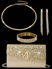 ジュエリー レディース セット 4点セット レディース ブラインストーン イヤークリップ ブライダル ネックレス ブレスレット ダングルセット、きらびやかな字型ハードウェアが優雅なクラッチバッグを飾る、取り外し可能