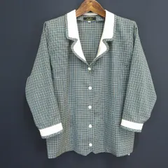 #a レリアン Leilian  シャツ ブラウス 11号 緑 オフホワイト チェック 七分袖 WURMSER フランス製生地 ウール シルク使用 922860 k01