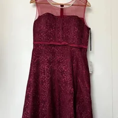 パールビジュー ネックフレアレースドレス ワインレッド
