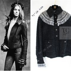 シャネル ジャケット CHANEL チャコールグレー ブラック 黒 ラッフル オーガンジー フリル トリム カール・ラガーフェルド 超美品 38 【約9号/M】