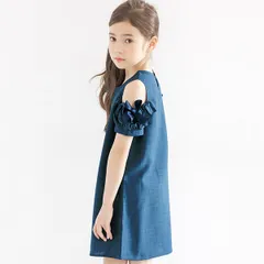 Bee オフショルダーワンピース◇ブルー◇子供服 キッズ 女の子 オープンショルダー 半袖 ギンガムチェック ストライプ リボン 90 100 110 120 130 140 150のサムネイル