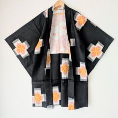 Japanese Vintage Haori Long Meisen Black Cross pattern Silk Kimono Jacket Old-ⅽloth 長羽織 羽織 正絹 銘仙 黒 絣花十字文 古布 時代布 一点物 大正浪漫 和洋折衷