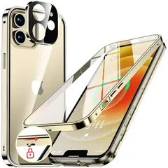 NIANGUO【ロック機能付き・自動ポップアップボタン】 iPhone12 用 ケース クリア 【両面強化ガラス】 9H硬度 【一体型レンズ保護】 アイフォン12 カバー アルミバンパーケース メタルフレーム 耐衝撃 傷防止 高感度タッチ 薄型 軽量 ワイ 1