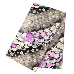 【中古】 袋帯 振袖用 リサイクル 正絹 金 黒 桜 サクラ 花 花びら 斜め縞 唐織 金糸 銀糸 中古 かっこいい シック 結婚式 礼 No.6-1565