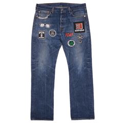 LEVI'S 501 CUSTOM JEANS 2【34inch】【WASH BLUE】 (リーバイス  デニム ジーンズ ワッペン カスタム リメイク ヒップホップ HIP HOP)