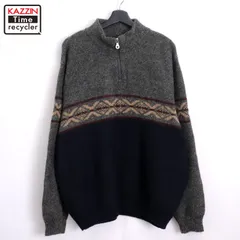 90s USA製 vintage LANDS' END ノルディック柄 ハーフジップ ヴァージンウール ニットセーター メンズ 表記Lサイズ