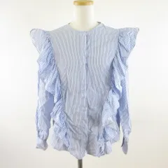 ザラウーマン ZARA WOMAN シャツ ブラウス 長袖 フリル ストライプ 青 M *T185