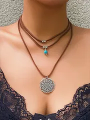 ジュエリー レディース ネックレス レイヤード 1個 レディース クリエイティブ スタイリッシュ ビンテージ フラワーディスク&ビーズ&中空デザイン ペンダントマルチレイヤー ネックレス、ボヘミアン&ヒッピー ジュ