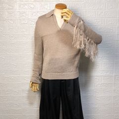 NKGW　ニット　ベージュ　フリンジ　ラガーシャツ　スキッパー　ポロシャツ