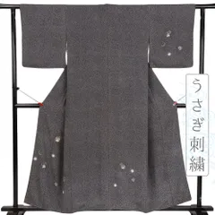 中古 訪問着 リサイクル ７５３ うさぎ 月 天目染 刺繍 正絹 グレー 黒 蛍ぼかし 花の丸 身丈162cm 裄67cm Ｌサイズ フォーマル No.i3-0694