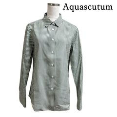 Aquascutum　アクアスキュータム 　レディース　ストライプシャツ　レギュラーカラーシャツ　長袖　11号　L　グリーン　ホワイト
