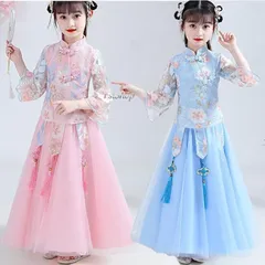 子供用チャイナドレス 漢服キッズ女の子トップスとスカート中国宮廷風唐装チャイナ服 子ども服 古風 ハロウィン中華風コスチューム刺繍ダン