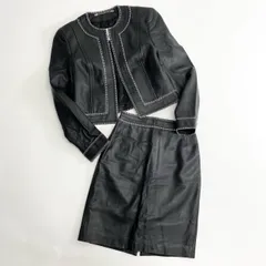 15c21 ESCADA エスカーダ スロベニア製 セットアップ ノーカラージャケット 膝丈ステッチ デザインスカート 34 ブラック ラムレザー 羊革のサムネイル