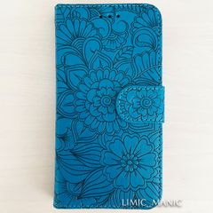 iPhone SE (第2/第3世代) SE2 SE3 8 7 ケース スマホ 手帳型 カードケース ブルー 全面 花模様 エンボス加工 アイフォン