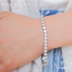 【ブレスレット 色:シルバー】[Adelina Style] ブレスレット レディース 人気 大粒 キュービックジルコニア 36粒 シンプル S925 プラチナコーティング 金属アレルギー対応 (タイプH)