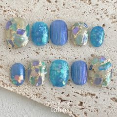 ネイルチップ　no.011  ラグーンネイル　マグネットネイル　マーメイドネイル　シェル　夏　海　青　ブルー　バカラネイル　夏ネイル　水面ネイル　ネイル　ハンドネイル　ショート　ベリーショート　ラウンド　韓国　可愛い