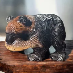 木彫り 熊 置物 鮭 クマ 縁起物 飾り 昭和 レトロ 民芸 土産 工芸品 木工芸 インテリア 骨董品 アンティーク