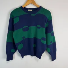 ニット セーター ネイビー×グリーン バイカラー 幾何学模様 総柄 レディース 古着 カジュアル