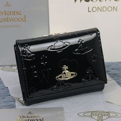 新品  美品 Vivienne Westwood ヴィヴィアンウエストウッド 財布  カード入れ　光沢　ブラック　スムースレザー　小銭入れ　気質 レディース　可愛い刻印模様　ウォレット　折りたたみ財布　13110ブラック　三つ折りたたみ財布　ギフト