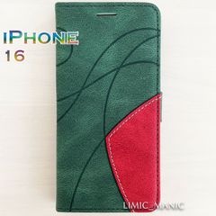 iPhone 16 ケース スマホ 手帳型 カードケース ツートンカラー 曲線模様 幾何学 グリーン 緑 緑色 アイフォン