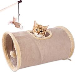 猫トンネル 猫じゃらし おもちゃ キャット トイ 穴 ねこ 遊び 道具 人気 ペット 玩具 運動不足 解消 折り畳み式 おしゃれ 鼠 ねずみ 棒 セット( ベージュ)