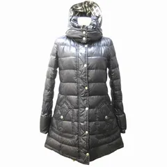 バーバリーブルーレーベル BURBERRY BLUE LABEL ダウンコート ジャケット ロング フード ロゴ刺繡 ロゴボタン 裏地チェック ナイロン 黒 ブラック 38 約L相当 E1A50-690