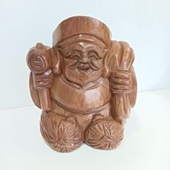 木彫 大黒天様 像 37cm 銘あり 七福神 打ち出の小槌 縁起物 置物