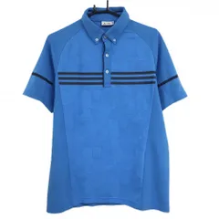 【超美品】アディダス 半袖ポロシャツ ライトブルー系×ネイビー 前身頃柄 胸元3ライン 袖ロゴ メンズ O/XG(XL) ゴルフウェア adidas