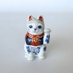 瀬戸焼　招き猫　ネイビー　ブチ　3号　2個セット　箱無し 招き猫（瀬戸焼、薬師窯）