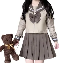 セーラー服 ３点セット 長袖 ブラウン 茶色 白 ３本ライン 学生服 前開き プリーツスカート 女子高校 制服 コスプレ 蝶結び リボン JK  (XLサイズ)