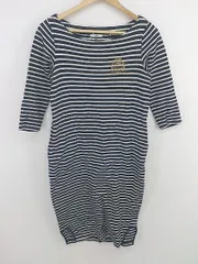 ◇ IENA イエナ ボーダー ボートネック 刺繍 七分袖 膝下丈 ワンピース ブラック ホワイト系 レディース P  【1302280006703】